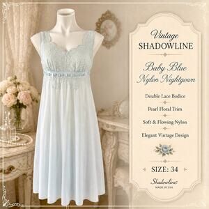 Vintage Shadowline Baby Blue Nylon Nightgown Double Lace Bodice Pearl Trim 32